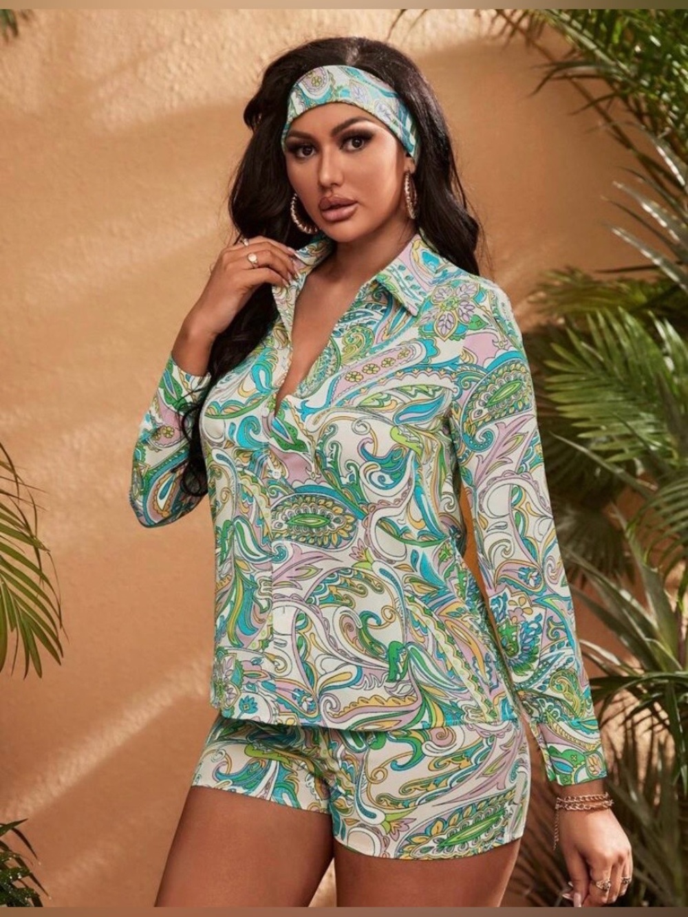 SHEIN Paisley Print Long-Sleeve Top in Teal, Green, Cream